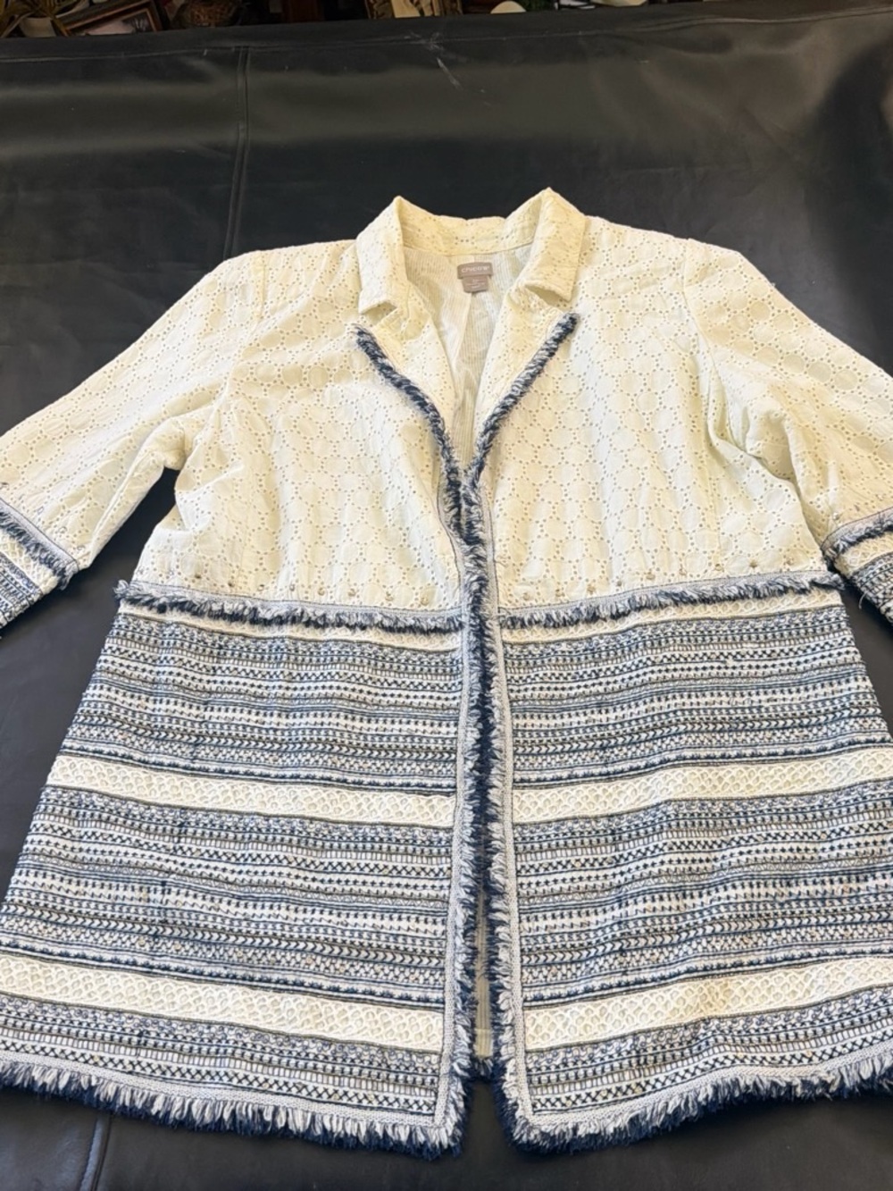 Chico's Cream Eyelet Open-Front Jacket with Navy Tweed Trim